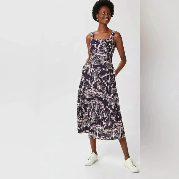 Hobbs London Lynley Flax Linen Midi Dress in Blue & Ivory Size U.S 14 - Picture 2 of 10